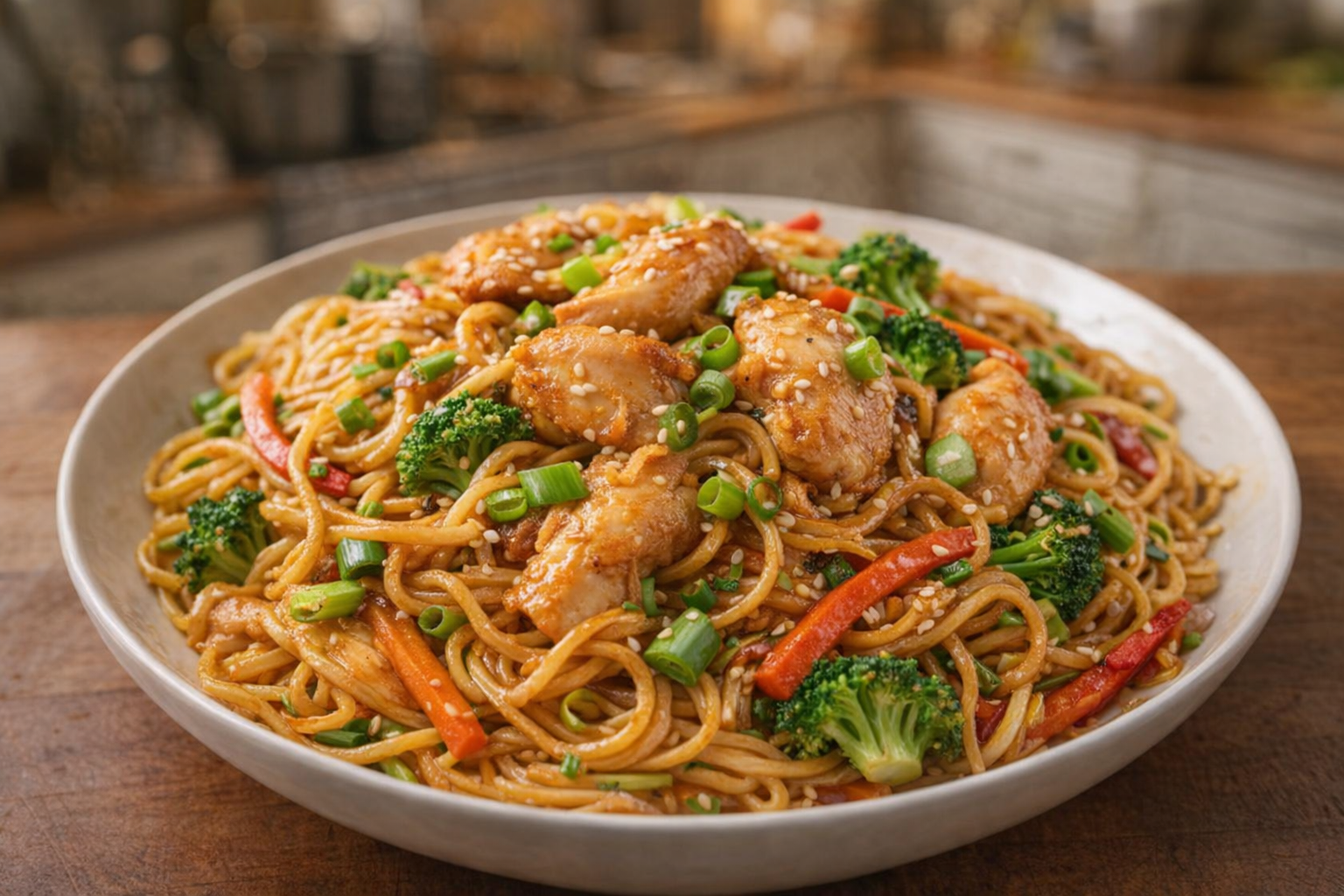 A high-angle shot of a fully plated Chow Mein dish, vibrant vegetables, glistening noodles, and tender chicken pieces, garnished with sesame seeds and green onions, in a warmly lit kitchen setting
